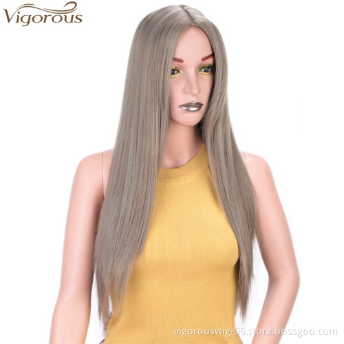 Vigorous Long Silky Straight Synthetic Wigs Middle Part Gray Color Wig For Black White Women Heat Resistant Fiber Cosplay Wigs